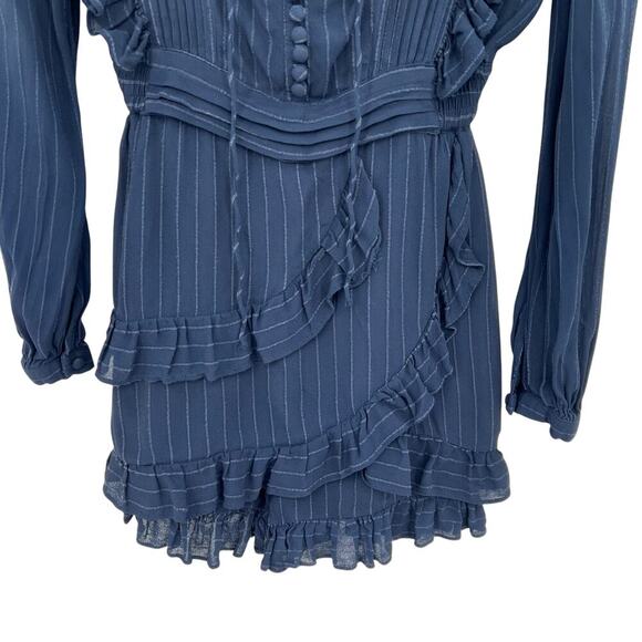 Maje Istra Ruffled Crepe Playsuit Romper Long‎ Sleeve Pinstripe Blue Size 34 XS - Picture 5 of 13